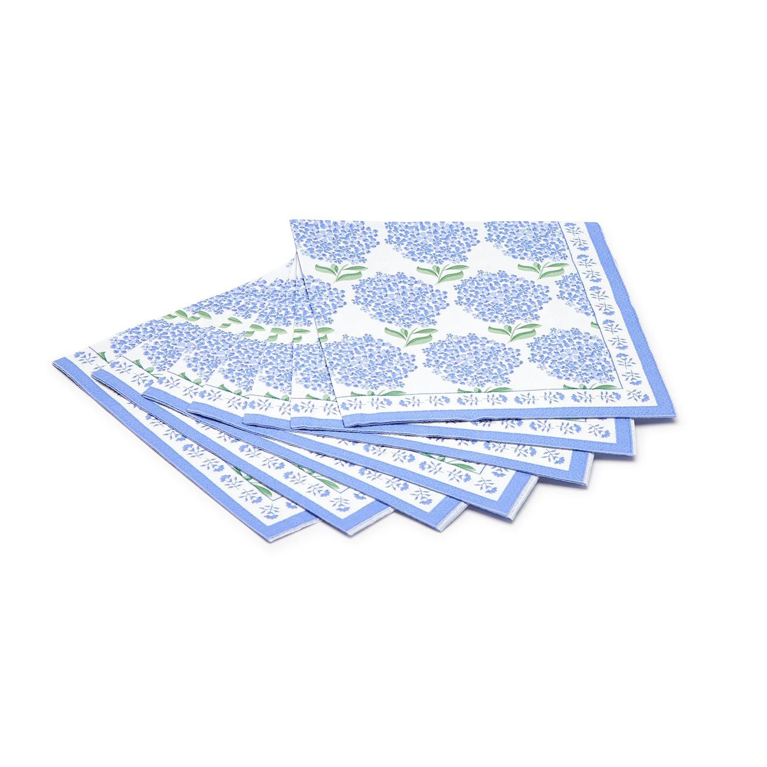 cocktail napkins with rows of hydrangea flowers