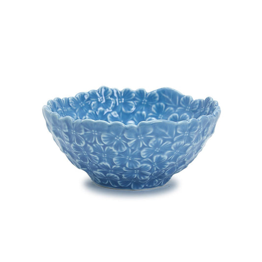 Blue bowl that has small flowers on it and is shaped like a Hydragea flower.