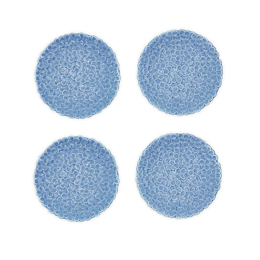 Small blue dishes (set of four) with small flowers all over them to make it seem like a blue Hydrangea flower
