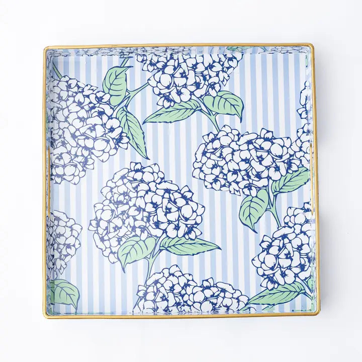 Square Tray with Hydrengeas on it and a stripe background