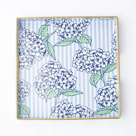 Square Tray with Hydrengeas on it and a stripe background