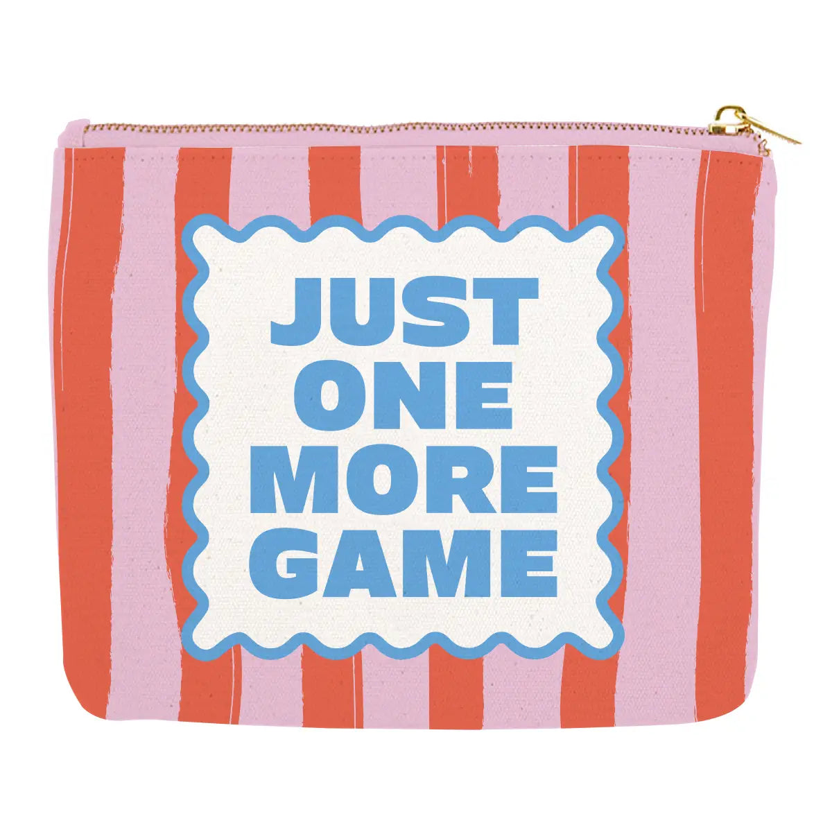 Orange and pink striped zippered pouch with 'Just One More Game' text on a white background
