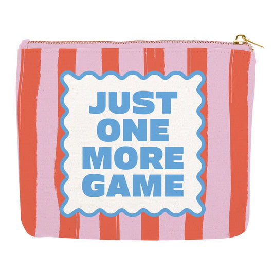 Orange and pink striped zippered pouch with 'Just One More Game' text on a white background