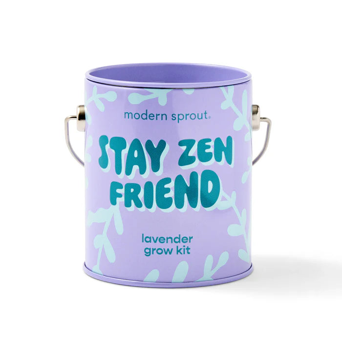 Lavender grow kit in lavender paint can with "stay Zen Friend" printed in teal blue and light blue lavender 