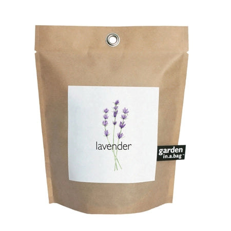 Kraft Bag filled with lavender seeds.  Label on front is white with lavender