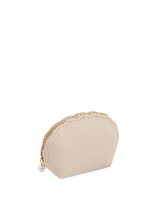 Ivory faux leather zip pouch with scalloped edge and pearl accent on zipper