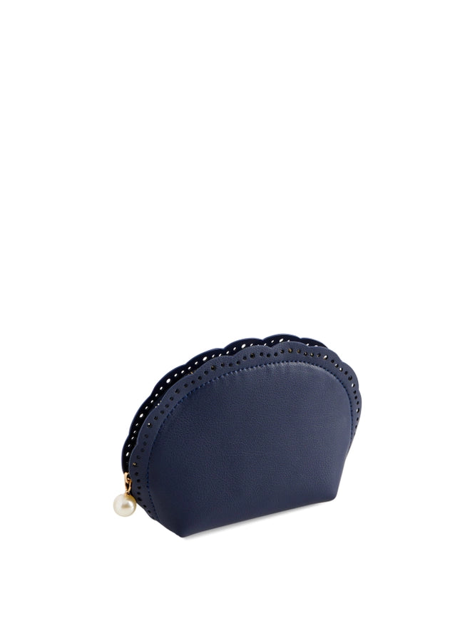 Navy blue  faux leather zippered pouch with scalloped edge and pearl detail on zipper