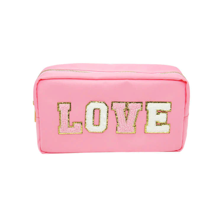 pink cosmetic bag with LOVE varsity style lettering 