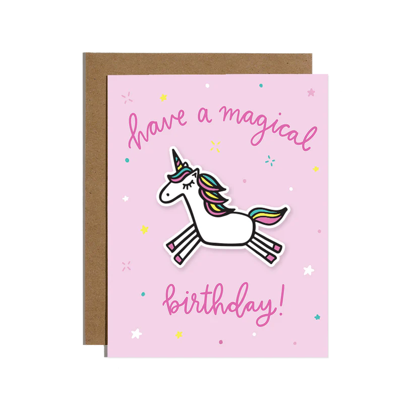 Pink card with a colorful unicorn in the middle and pink words on the top and bottom in cursive