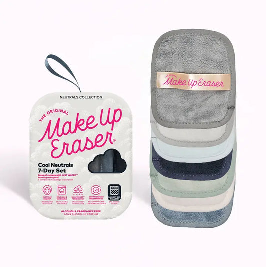 Set of seven neutral colored "Makeup Eraser" soft face washing cloths with packaging on a white background
