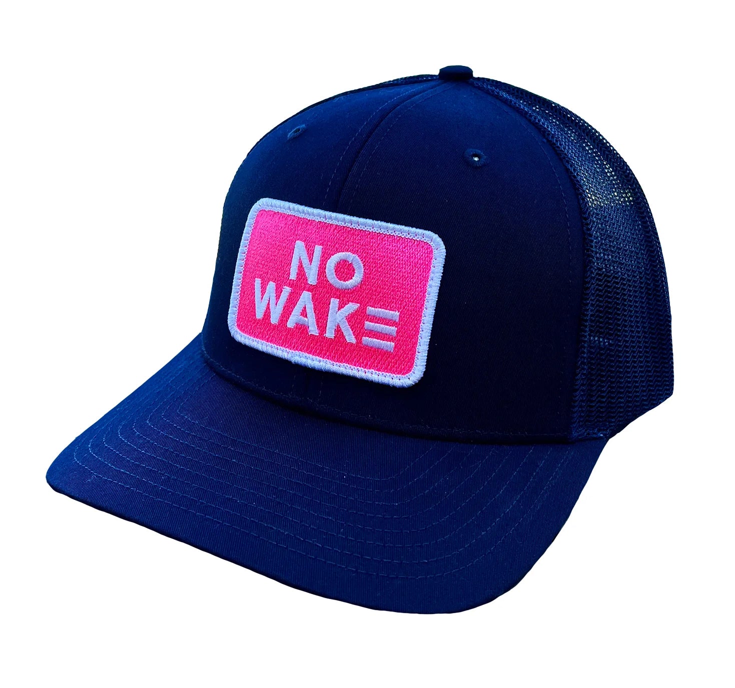 Navy trucker style hat with Hot Pink Patch and NO WAKE logo on front