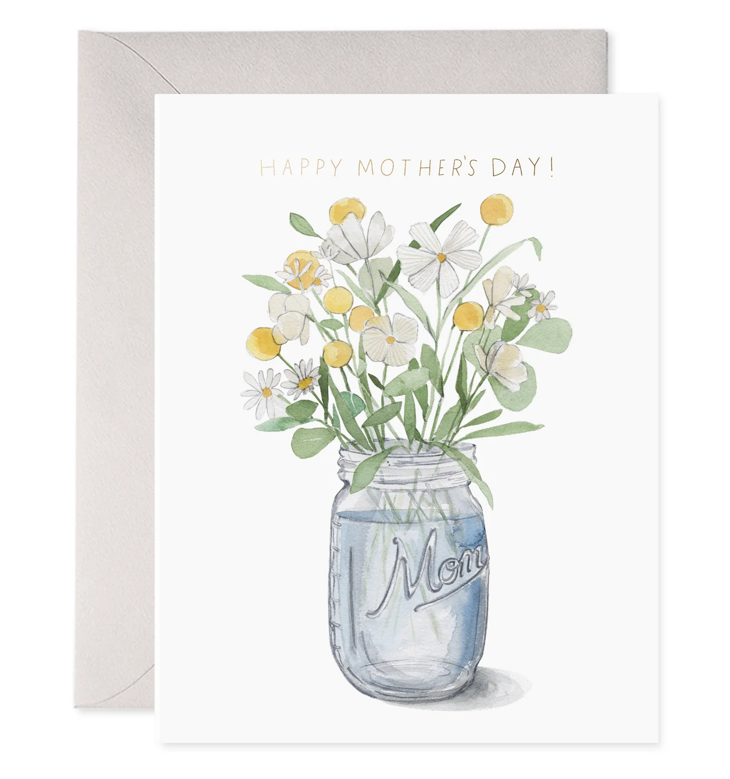 White mothers day card with blue Mason jar in the middle that has flowers in it.
