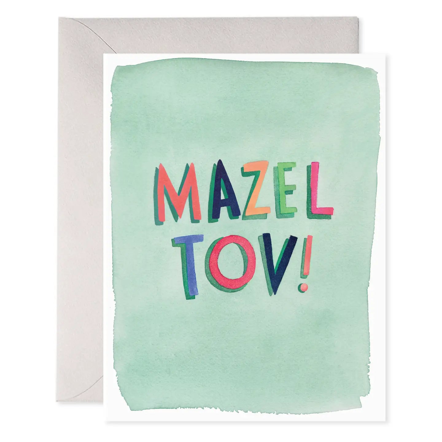Greeting card with 'Mazel Tov!' in multi colored text on a light green background