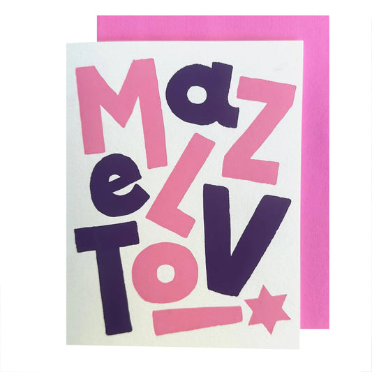 White card with blue and pink letters all over it