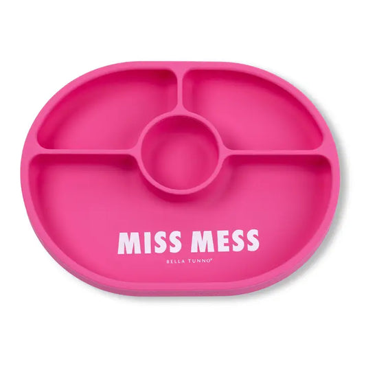 Pink silicone baby dish with divided sections and 'MISS MESS' text on a white background