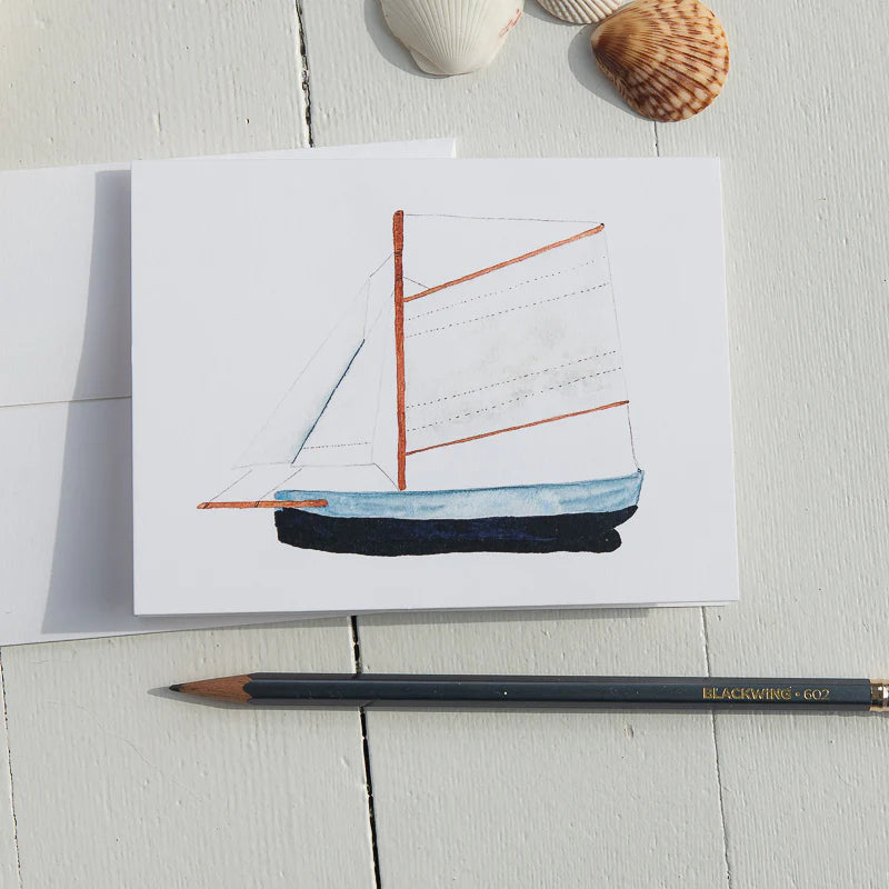 Model Sailboat note card and envelope.  Sailboat has blue bottom and red/white sails