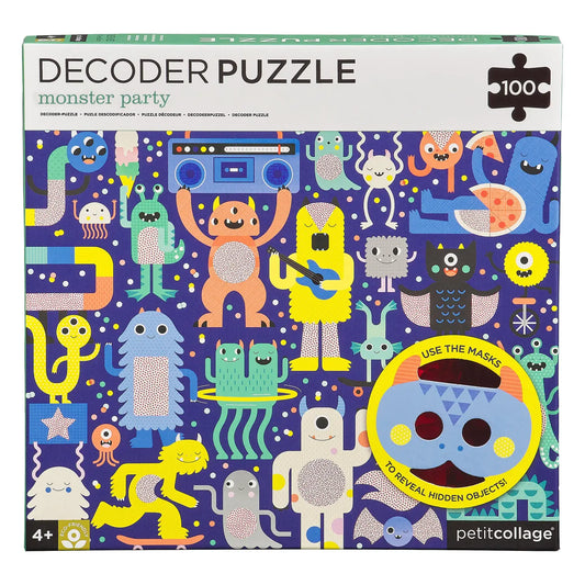 Complete the puzzle and find the hidden objects in this 100-piece Monster Party Decoder Puzzle from Petit Collage!