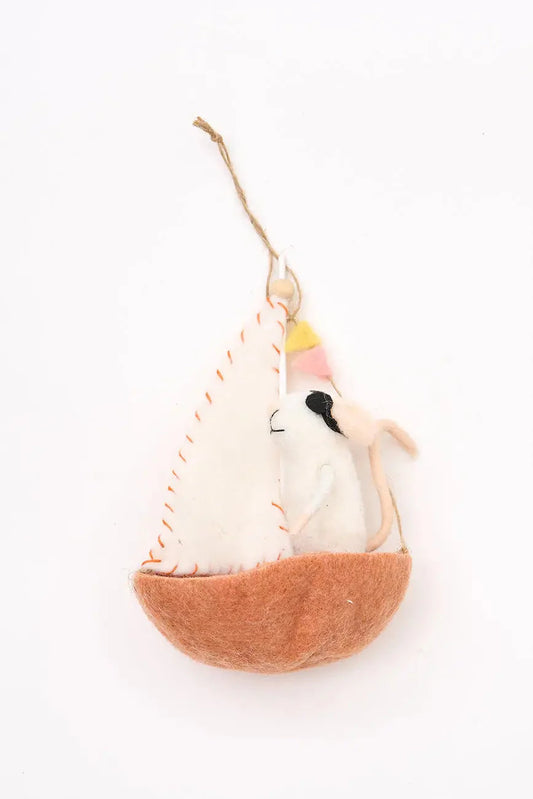 Sailboat with Mouse Felt Mauve Ornament