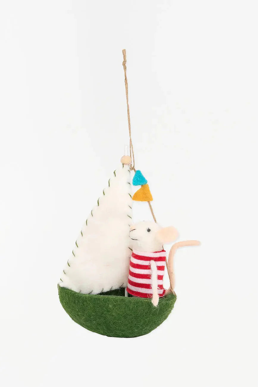 Sailboat with Mouse Felt Green Ornament