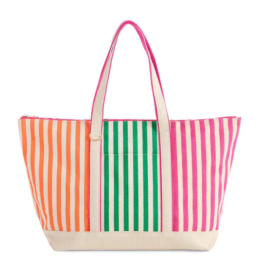 Ivory tote bag with orange, green, pink, and white vertical stripes