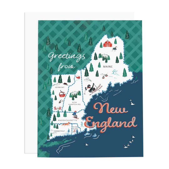 Greetings from New England card with a map and winter scene design, blank inside for a personal message, and an envelope.