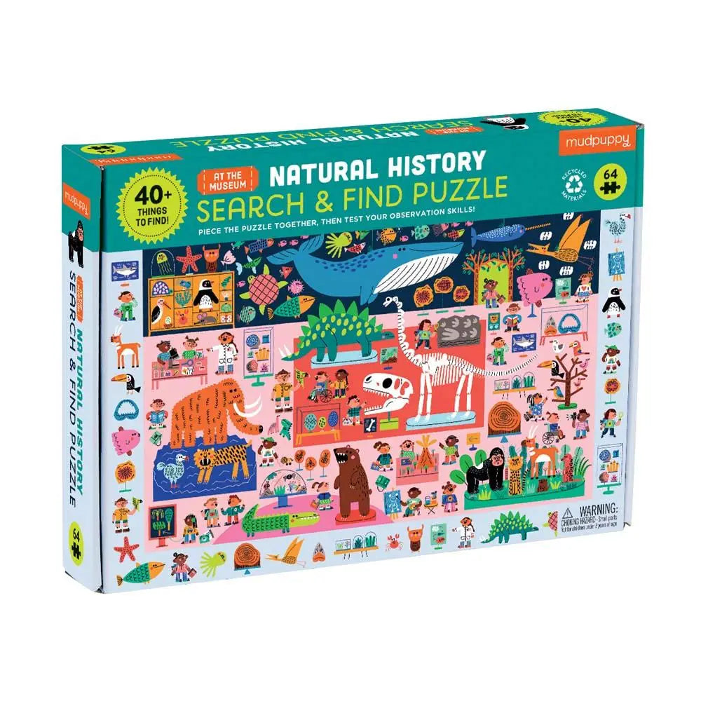 Mudpuppy’s Natural History Museum Search and Find Puzzle features a diverse and colorful assortment of prehistoric and present-day animals