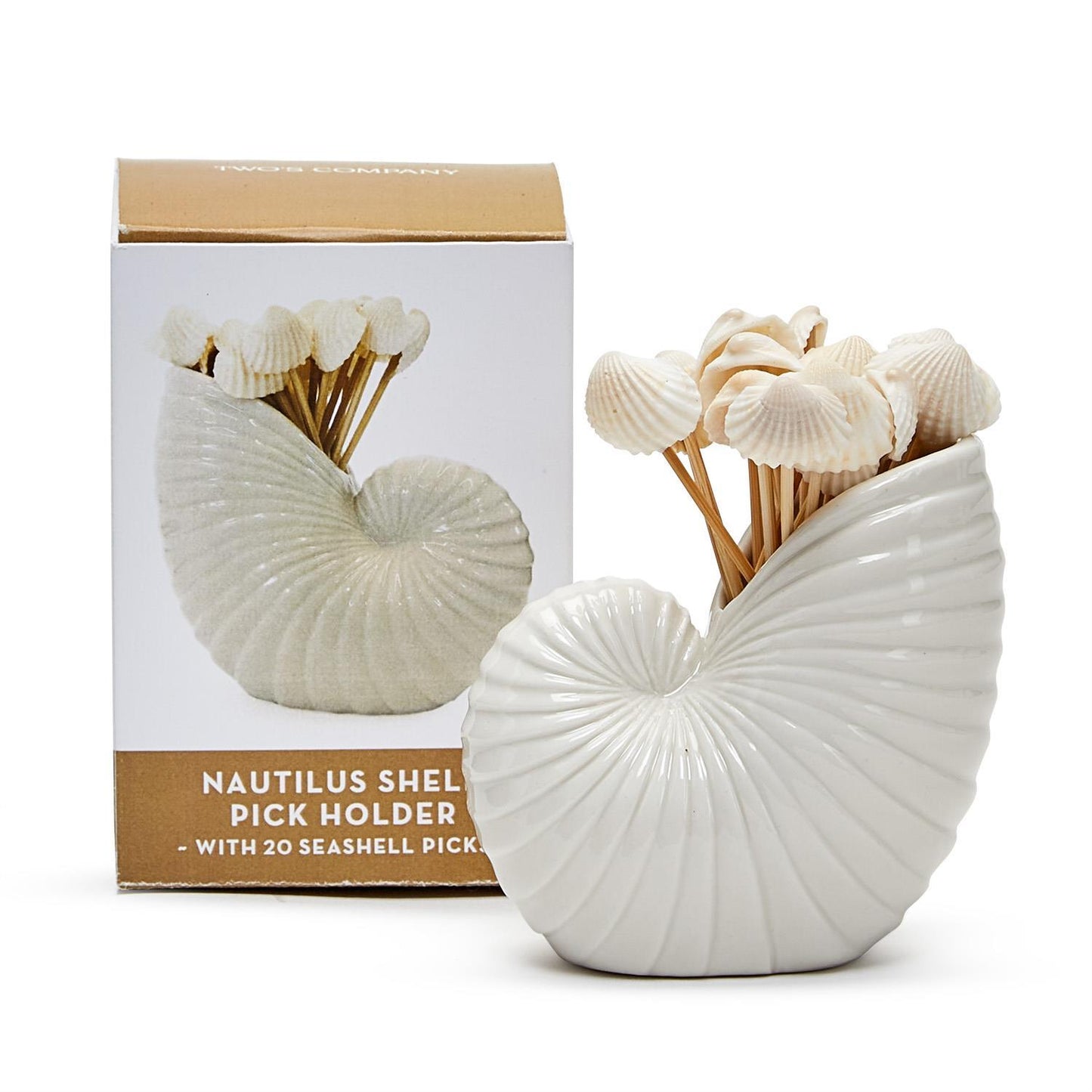 White Shell pot holder that is filled with wooden picks that have seashells on the end of them.