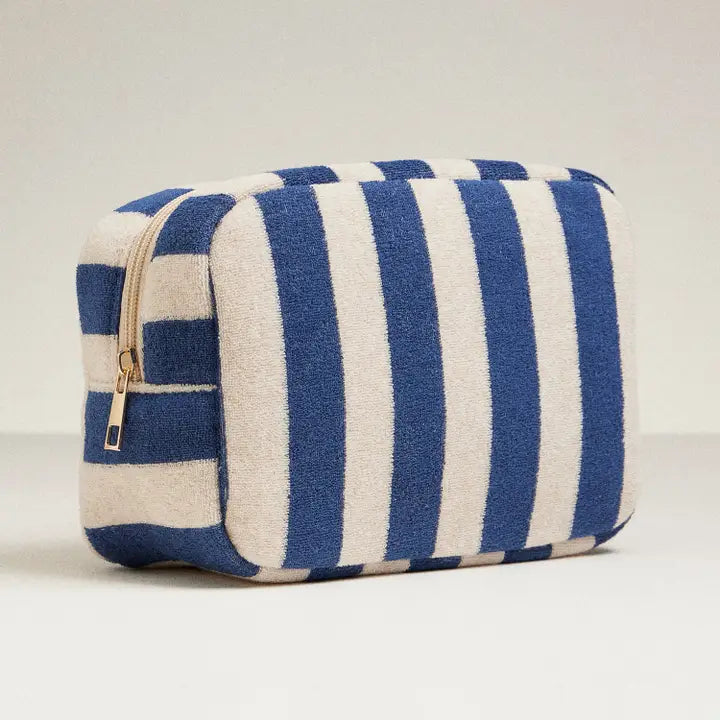 Navy and Beige Cabana Stripe Terry Cloth Cosmetic Bag