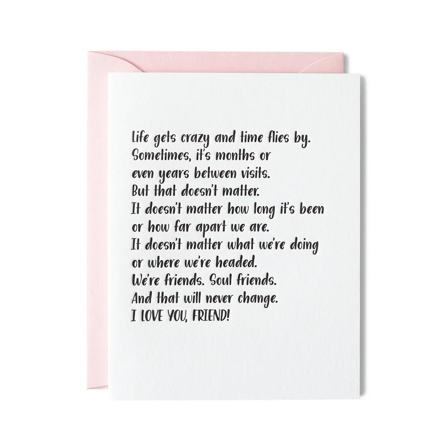 Greeting card with a heartfelt message on a white background with a light pink envelope.