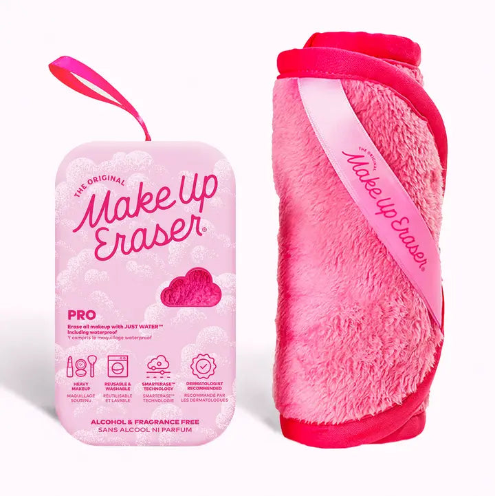 Pink mini "Makeup Eraser" soft face washing cloth with packaging on a white background
