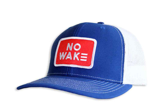 Blue Hat with white mesh.  Red No Wake Patch