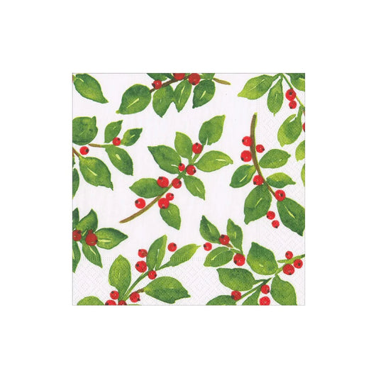 Painted Holly White Cocktail Napkin