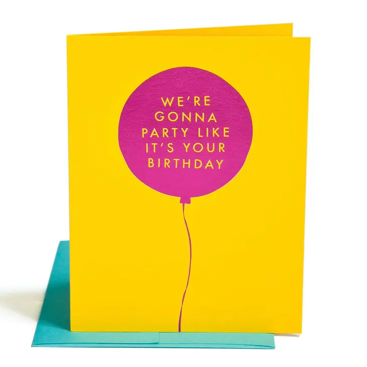 Yellow card that has a hot pink Balloon in the middle with words on it
