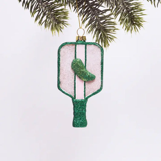Sparkle glass ornament shaped like a green pickleball racket