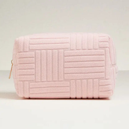 Light Pink Terry Cloth Travel Bag.  Line/Block pattern 