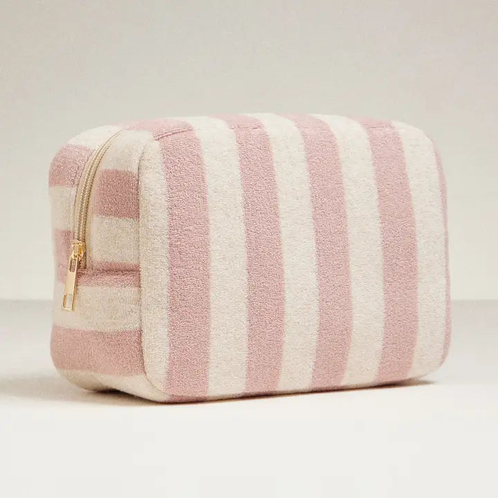 Light Pink and Beige Cabana Stripe Terry Cloth Cosmetic Bag