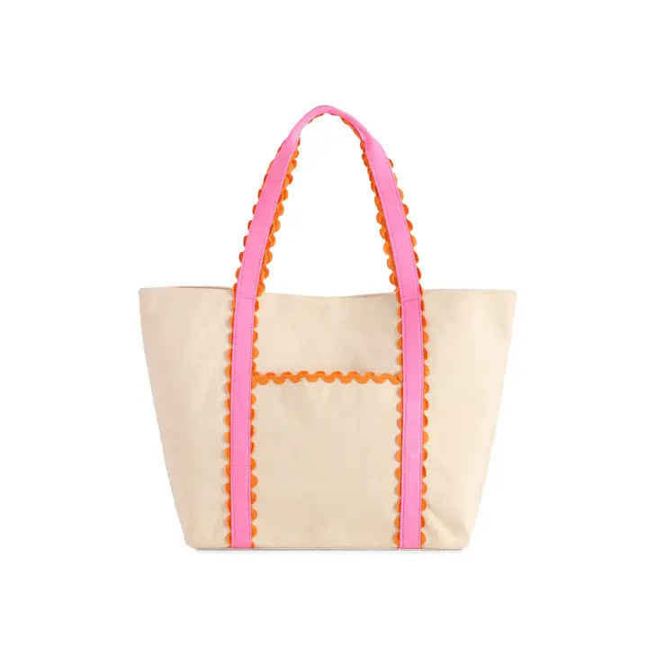 Ivory tote bag with pink and orange trim on handles and front pocket