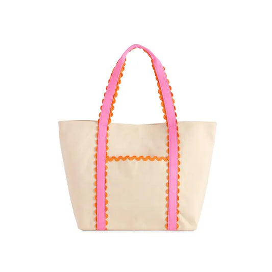 Ivory tote bag with pink and orange trim on handles and front pocket