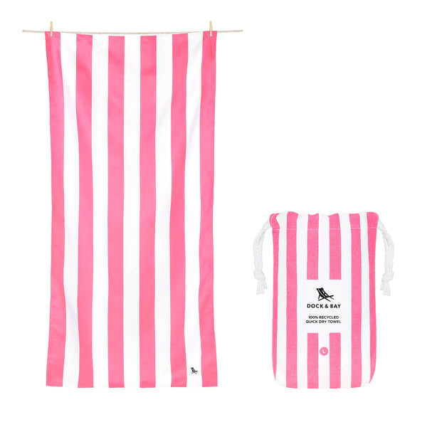 Hot Pink and white bold striped beach towel with matching storage pouch