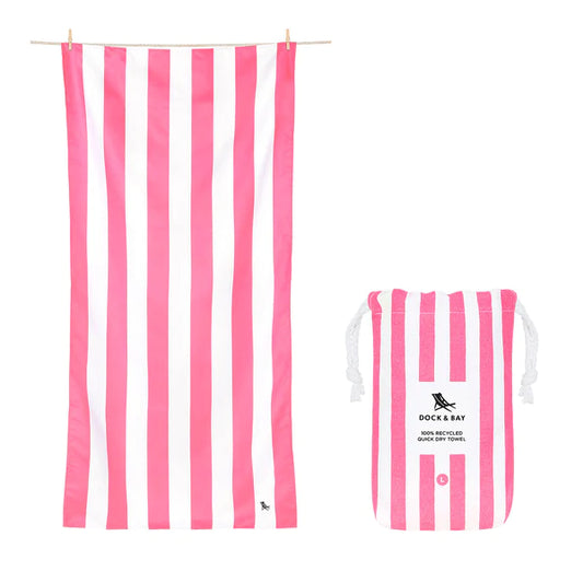 Hot Pink and white bold striped beach towel with matching storage pouch