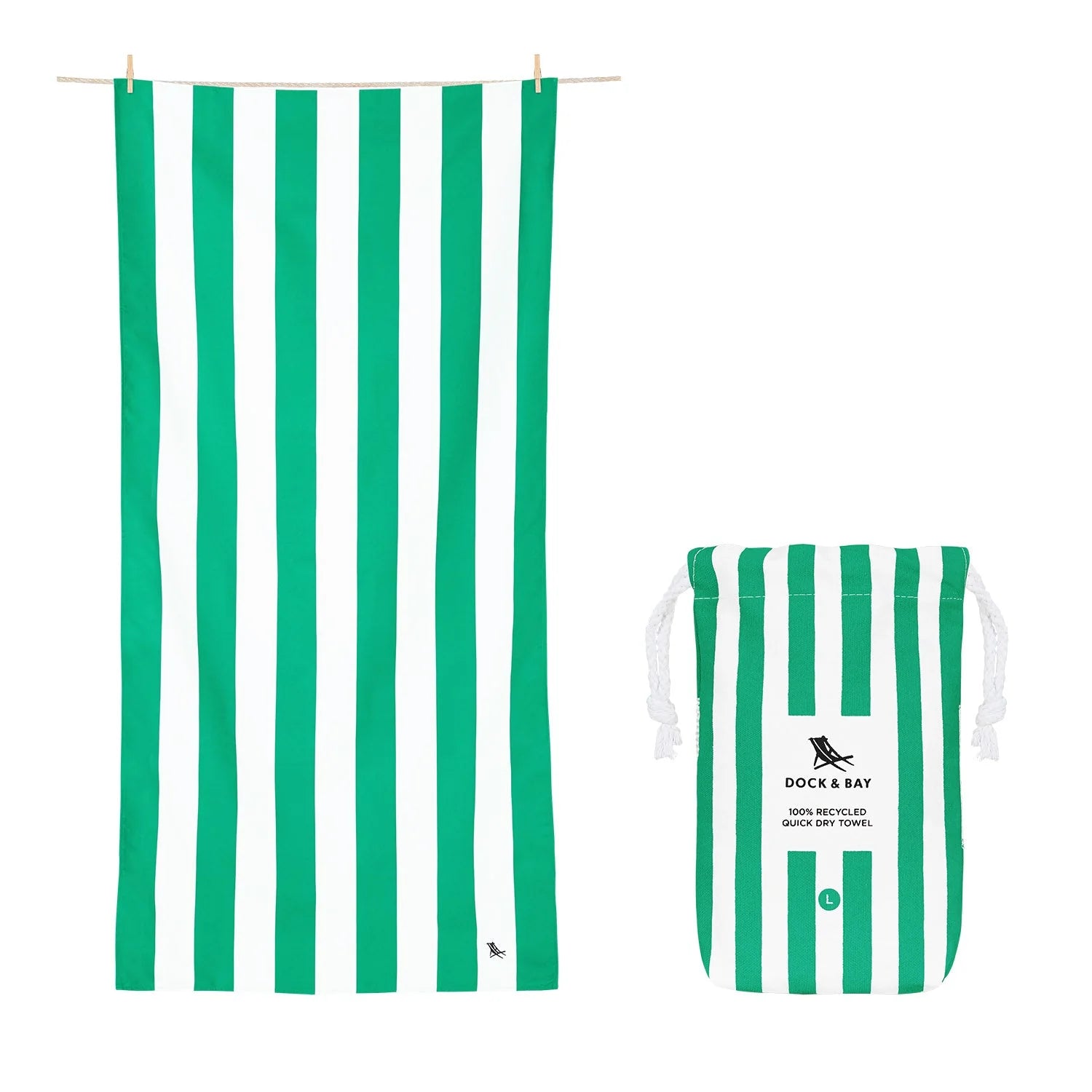 White and green striped quick dry towel with a matching bag