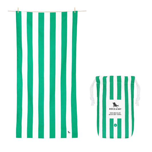 White and green striped quick dry towel with a matching bag