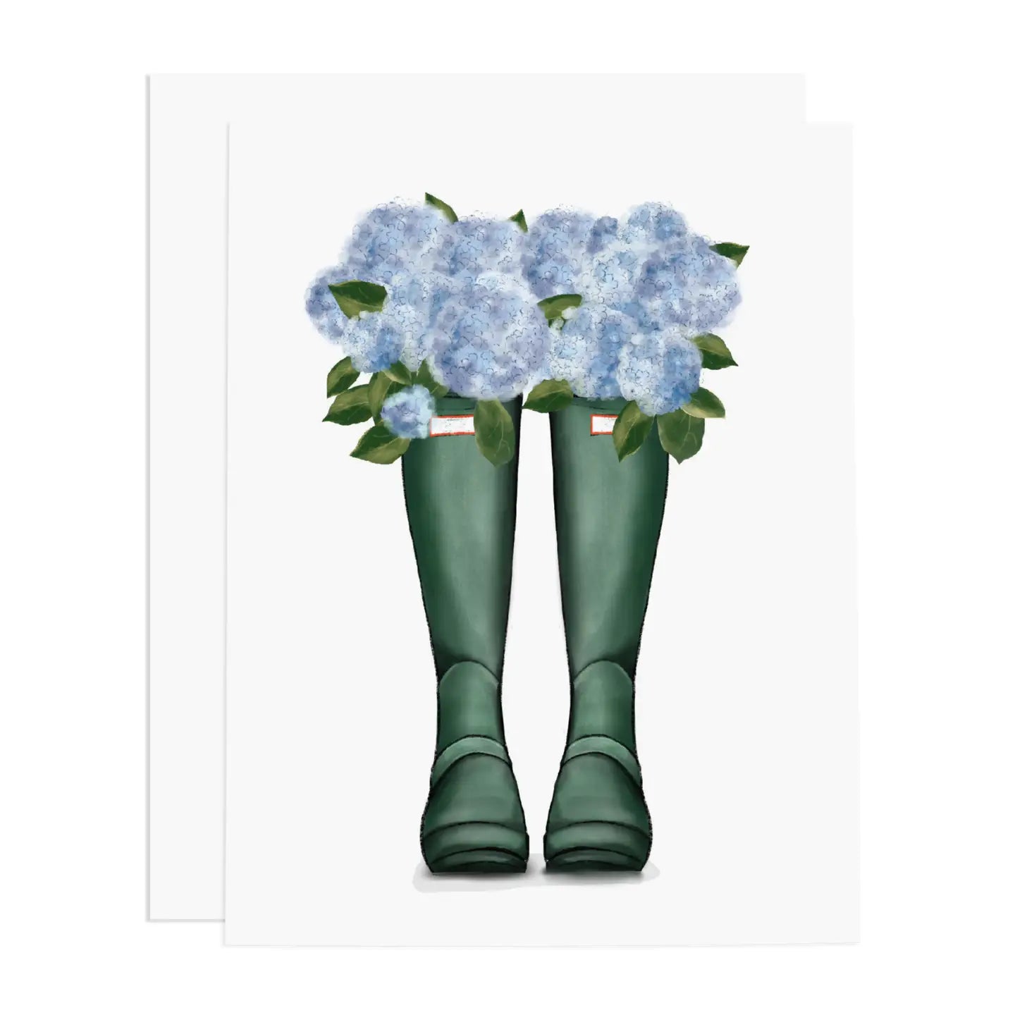 Greeting card with green rubber gardening boots with blue hydrangeas