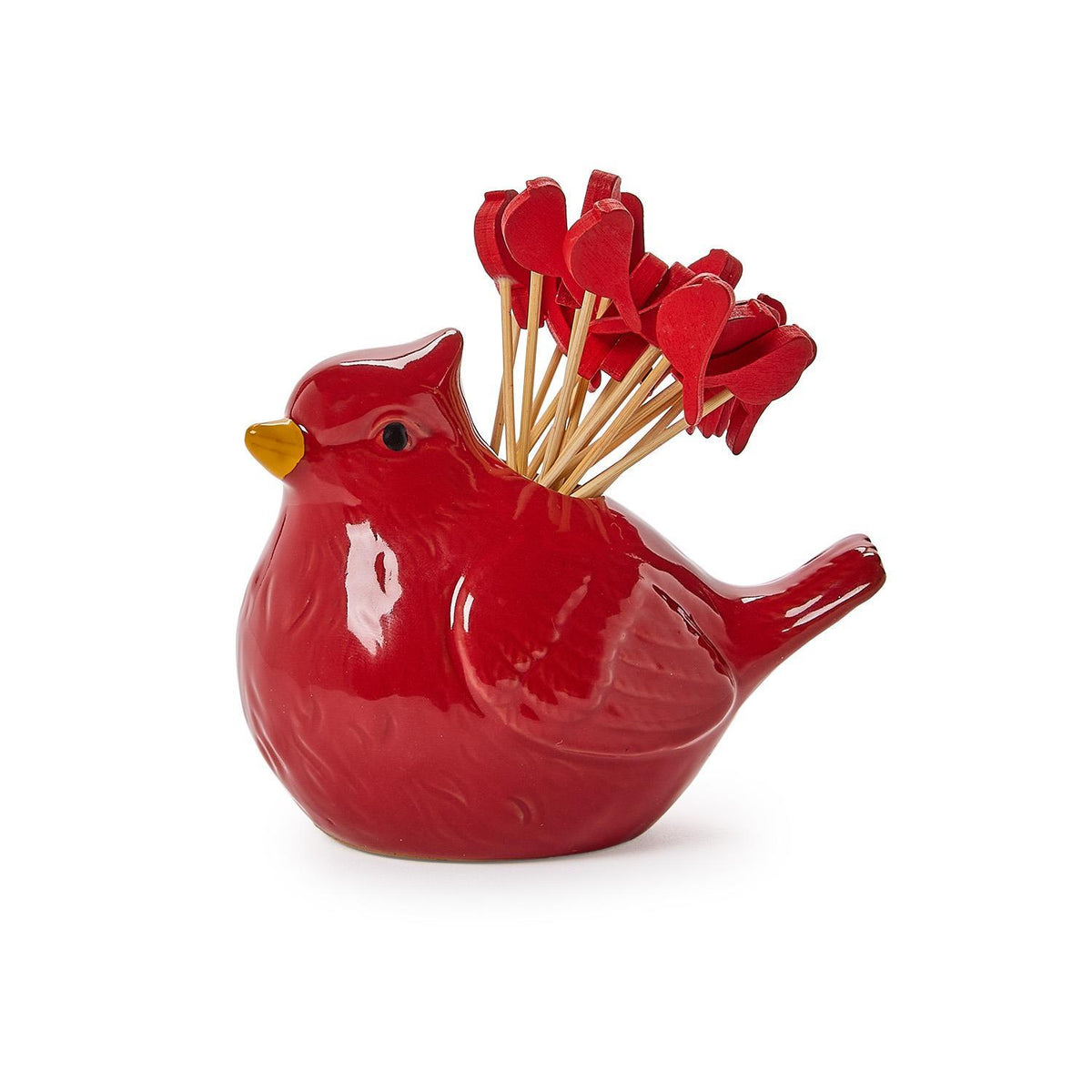 Ceramic red cardinal pick holder and wooden toothpicks topped with red cardinals