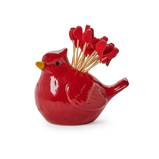 Ceramic red cardinal pick holder and wooden toothpicks topped with red cardinals