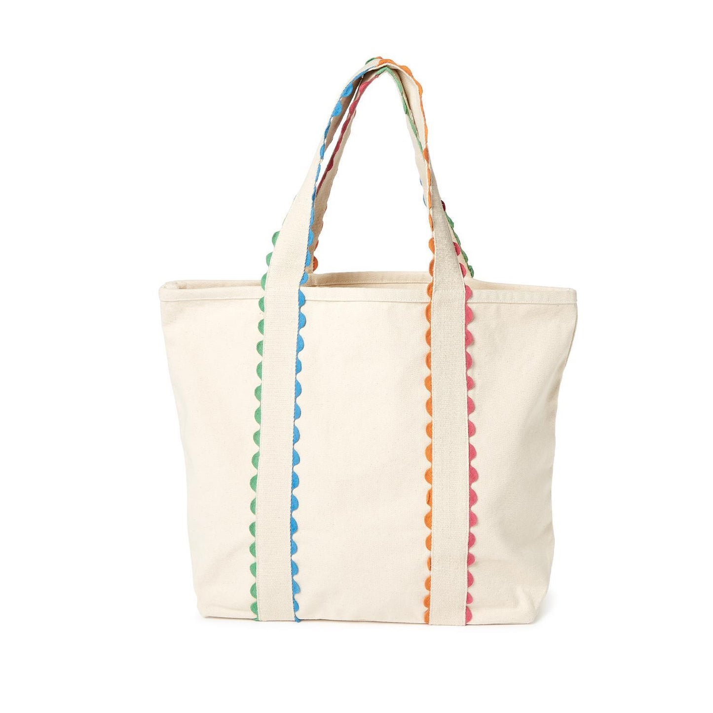 Beige tote bag with colorful striped handles on a white background