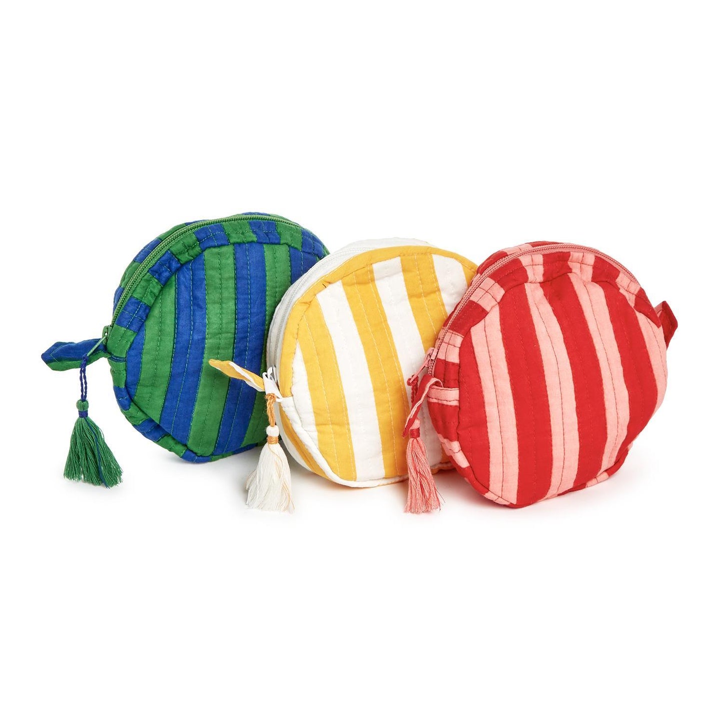 Three striped round bags in green/blue, yellow/white, and red/pink on a white background