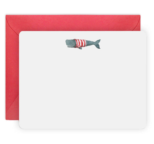 Flat note card with whale in a stripe sweater on top center of card