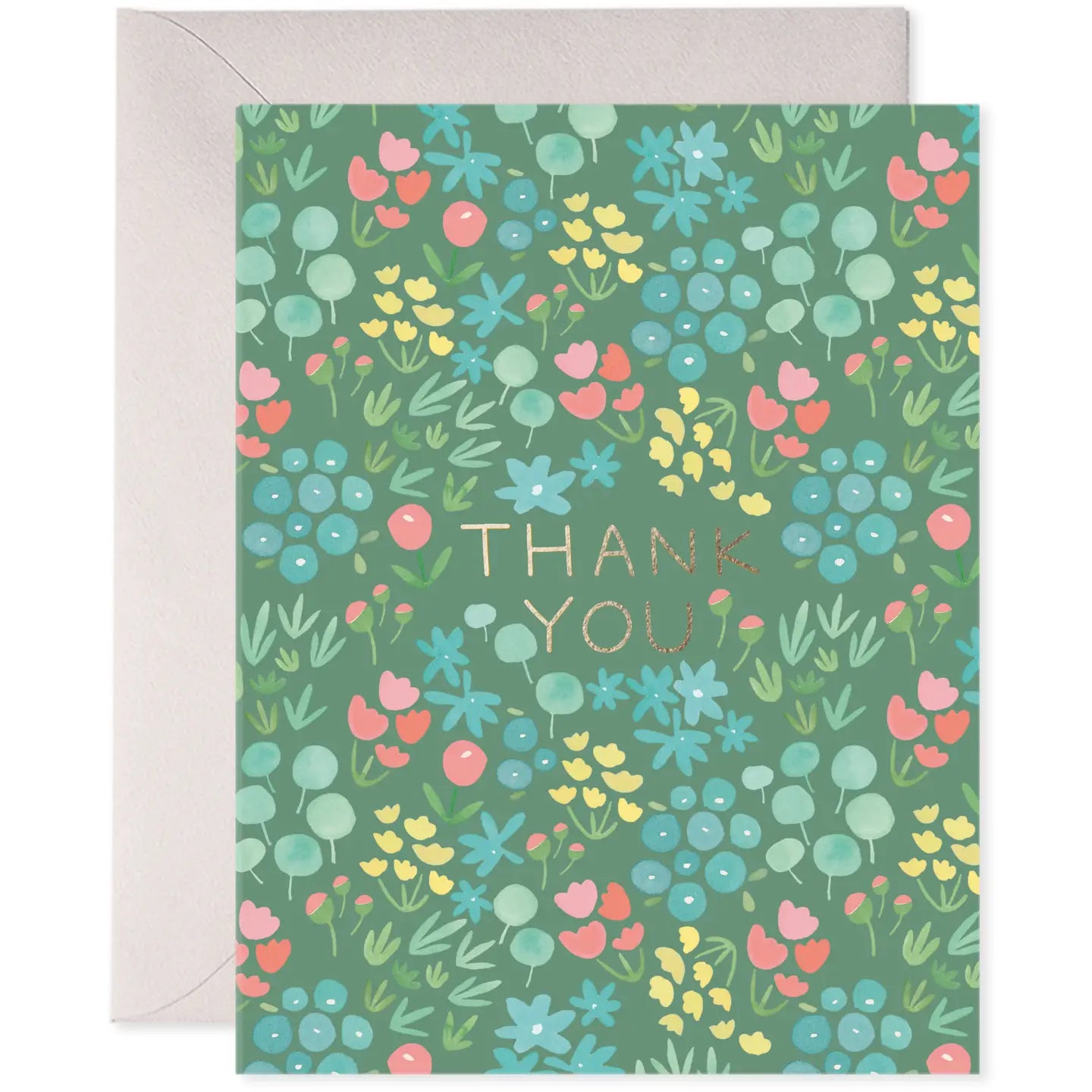Green Greeting Card with small colorful pastel flowers.  Thank You in gold foil
