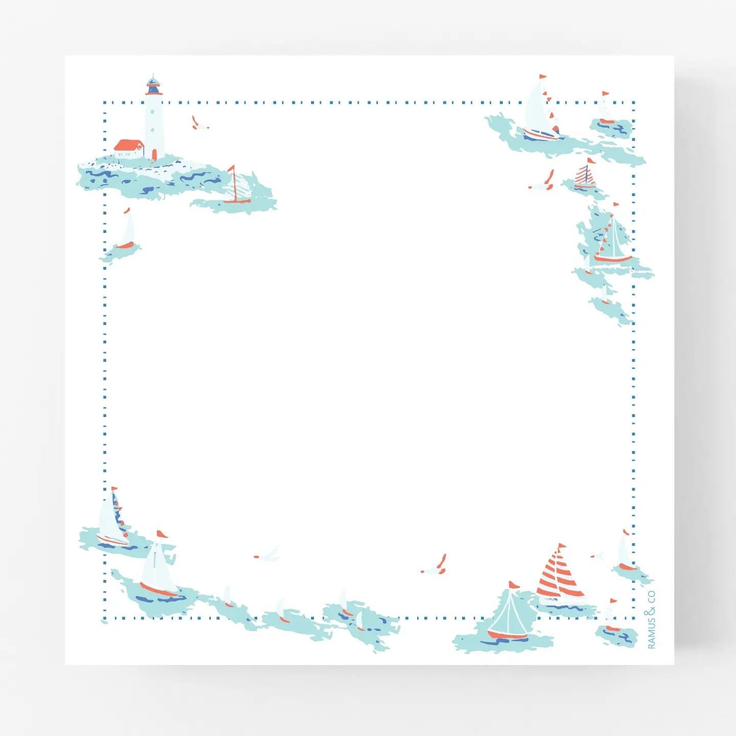 Tear-off note pad with whimsical red, white and blue sailboats and lighthouse border